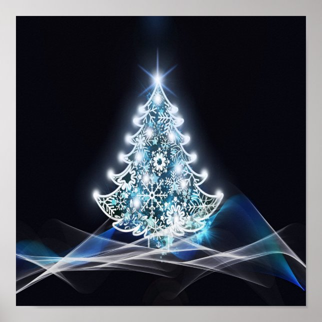 Bright Christmas Tree, White snowflakes, Blue Wave Poster (Front)