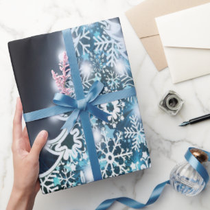 Bright Christmas Tree, White snowflakes, Blue Wave Wrapping Paper
