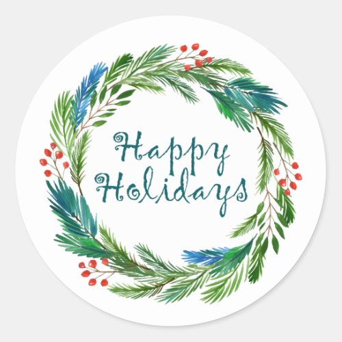 Bright Christmas Watercolor Holly Pine Wreath Classic Round Sticker
