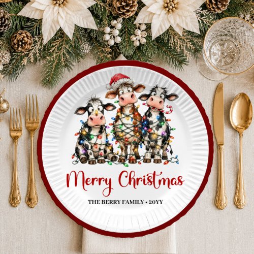 Bright Christmas whimsical cow cartoon christmas p Paper Plates