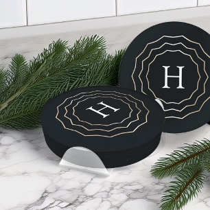 Bright Circle Elegant Black & Faux Gold Monogram Coaster Set
