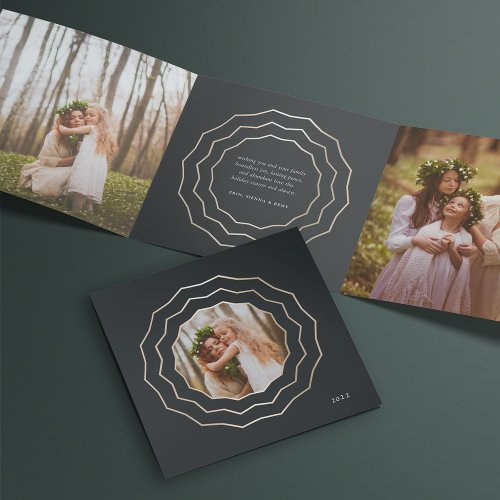 Bright Circle  Elegant Black  Gold Photo Tri_Fold Holiday Card