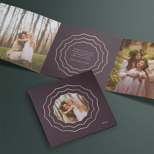 Bright Circle  Elegant Burgundy  Gold Photo Tri_Fold Holiday Card