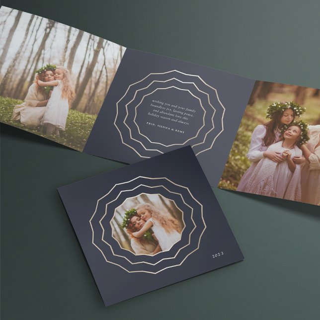Bright Circle | Elegant Navy & Gold Photo Tri-Fold Holiday Card (Creator Uploaded)
