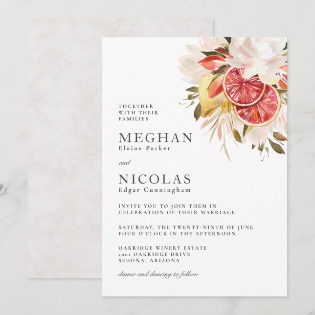 Bright Citrus Boho Tropical Floral Wedding Invitation (Front/Back)