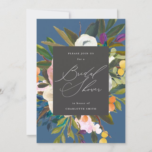 Bright Citrus Flowers | Indigo Blue Bridal Shower Invitation (Front)