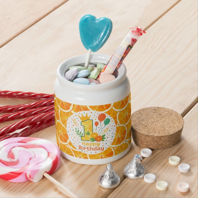 Bright Citrus Number “1” Birthday Party Candy Jar (In Situ)