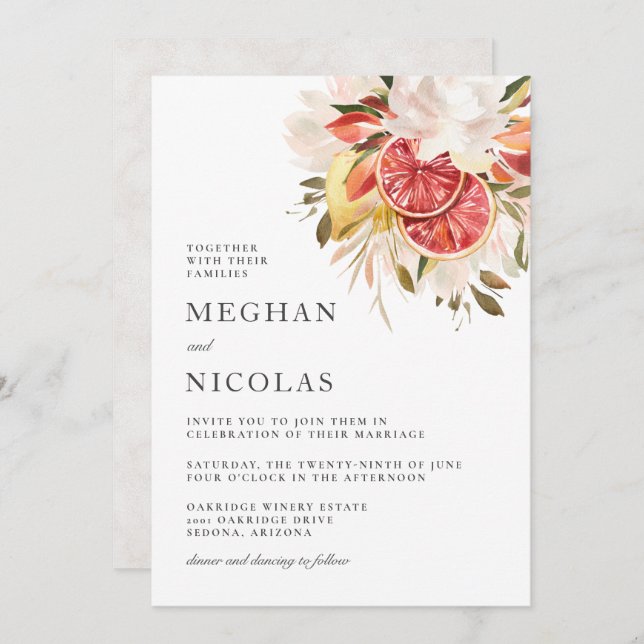 Bright Citrus Tropical Floral Wedding Invitation (Front/Back)