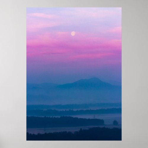 Bright clouds and moon at sunrise poster