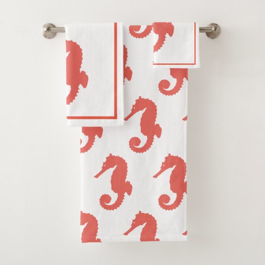 Bright Coastal Coral Pink Seahorses Bath Towel Set