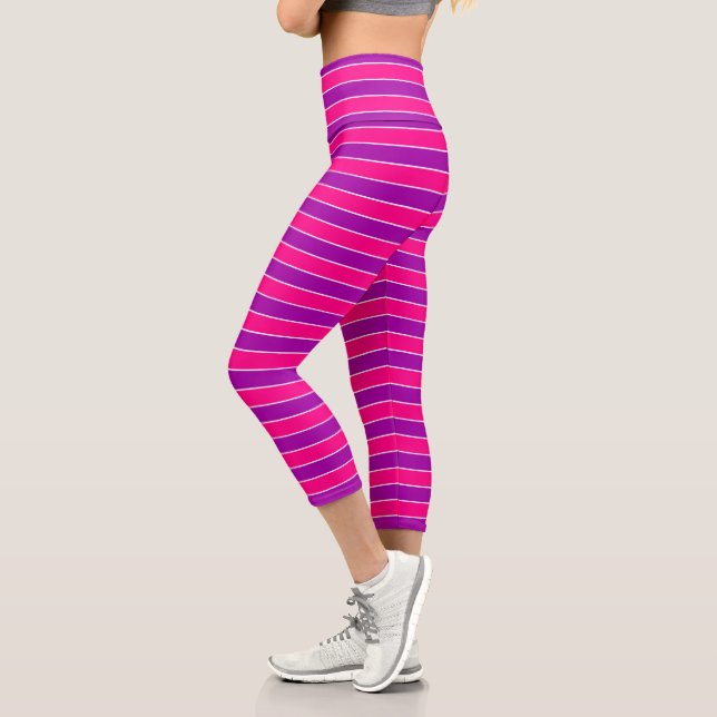 Bright Color Classic Purple Pink Stripes Striped Capri Leggings (Left)