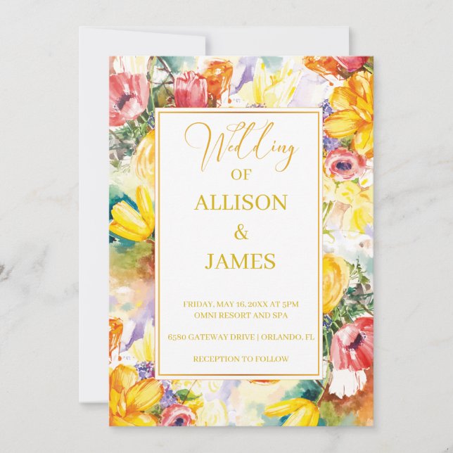bright color retro GOLDEN modern wedding Invitation (Front)