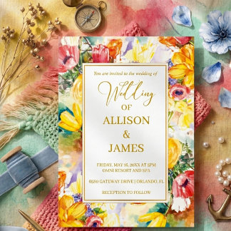 bright color retro GOLDEN modern wedding Invitation