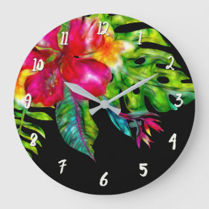 Bright Color Tropical Floral Hibiscus & Leaves Large Clock