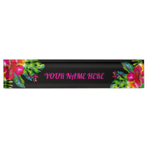 Bright Color Tropical Floral Hibiscus Leaves Name Plate