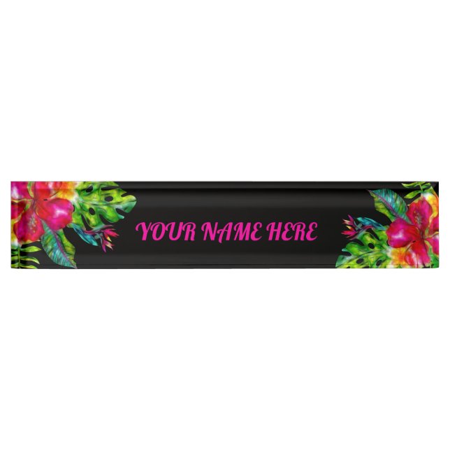 Bright Color  Tropical Floral Hibiscus Leaves Name Plate (Front)