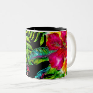 Bright Color Tropical Floral Hibiscus Leaves Two-Tone Coffee Mug