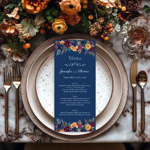 Bright Color Watercolor Navy Blue Floral Wedding Menu