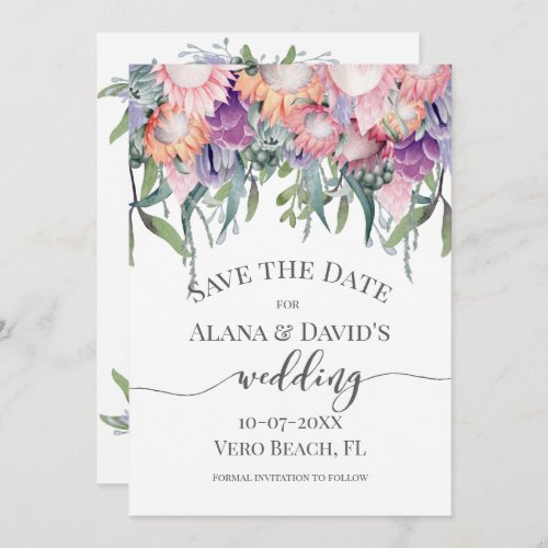 Bright Colored Exotic Protea Flowers Save the Date Announcement