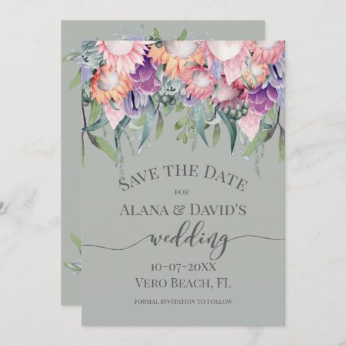 Bright Colored Exotic Protea Flowers Save the Date Announcement