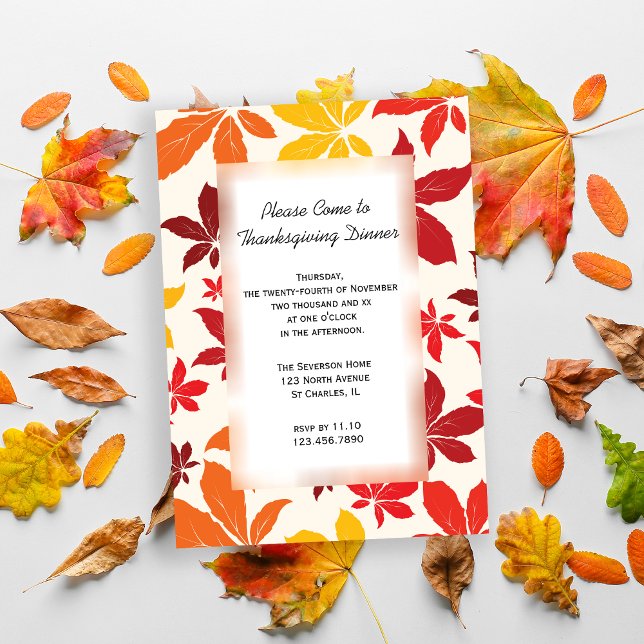 Bright Colored Fall Leaves Thanksgiving Dinner Invitation (Invite friends to gather for Thanksgiving with this Fall Leaves invitation.)