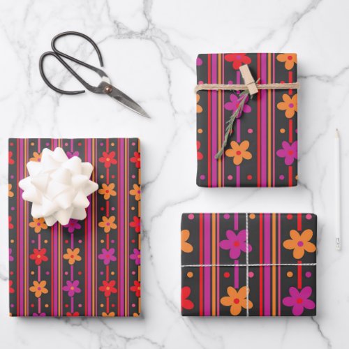 Bright colored flowers stripes and dots  wrapping paper sheets