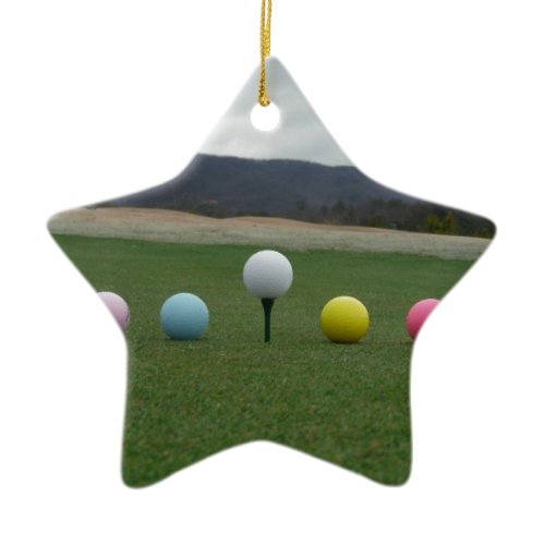 bright colored Golf Balls on a mountain Ceramic Ornament