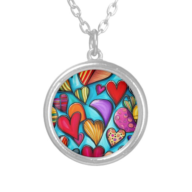  Bright colored Hearts Silver Plated Necklace (Front)