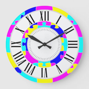Bright Colored Pink Blue, Yellow Jigsaw Puzzle Art Large Clock
