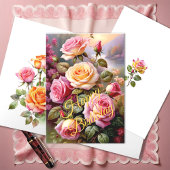 Bright Colored Pink Yellow Roses Floral Watercolor Card