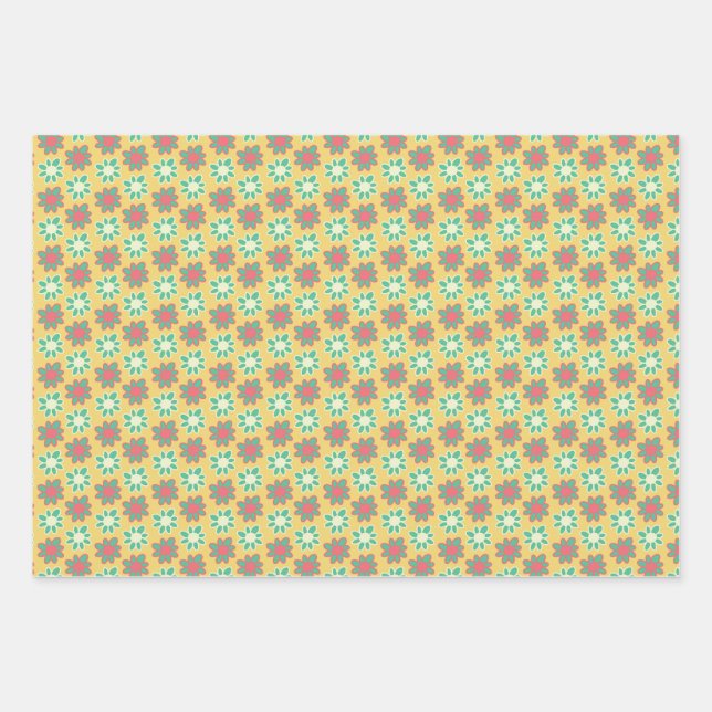 Bright colored retro flower wrapping paper sheets (Front)