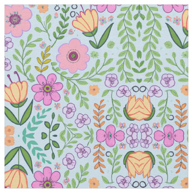 Bright Colored Seamless Flower Pattern Blue  Fabric (Close Up)