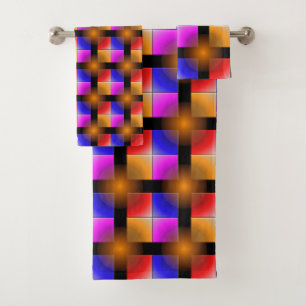 Bright colored squares on black background bath towel set