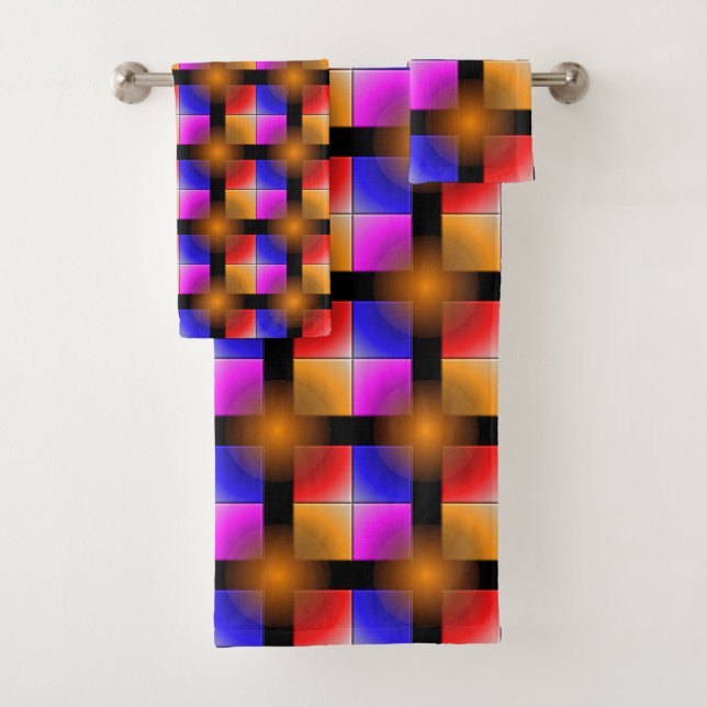 Bright colored squares on black background bath towel set (Insitu)