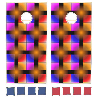 Bright colored squares on black background cornhole set