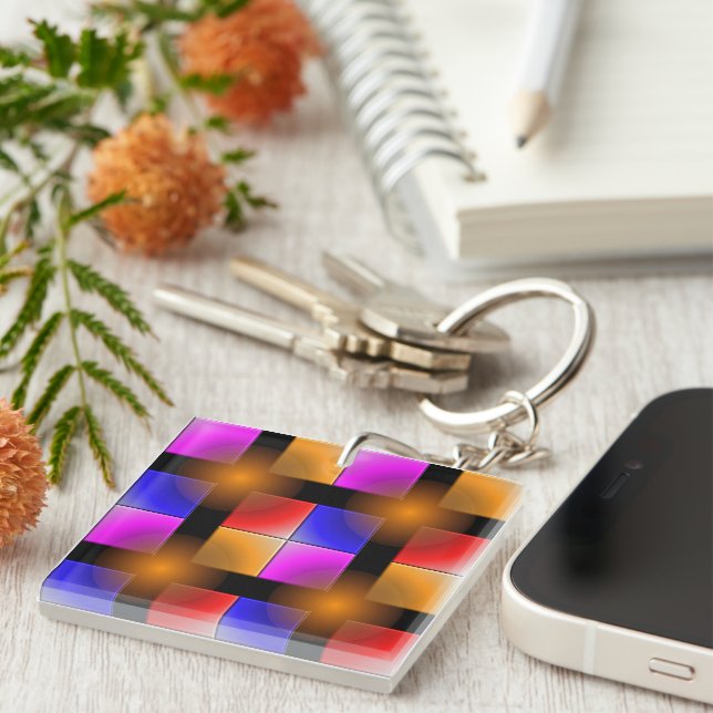 Bright colored squares on black background keychain (Front Right)