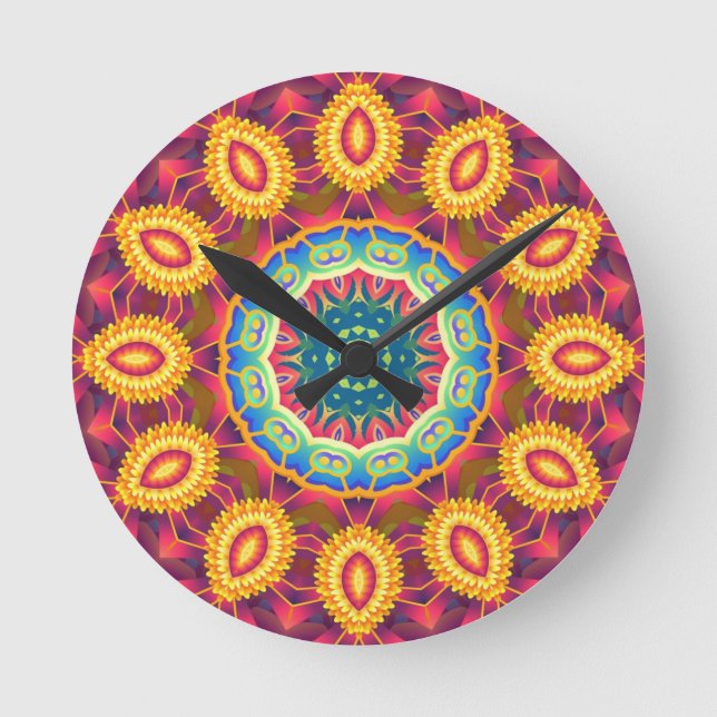 Bright Colorful Abstract Floral Mandala Round Clock (Front)