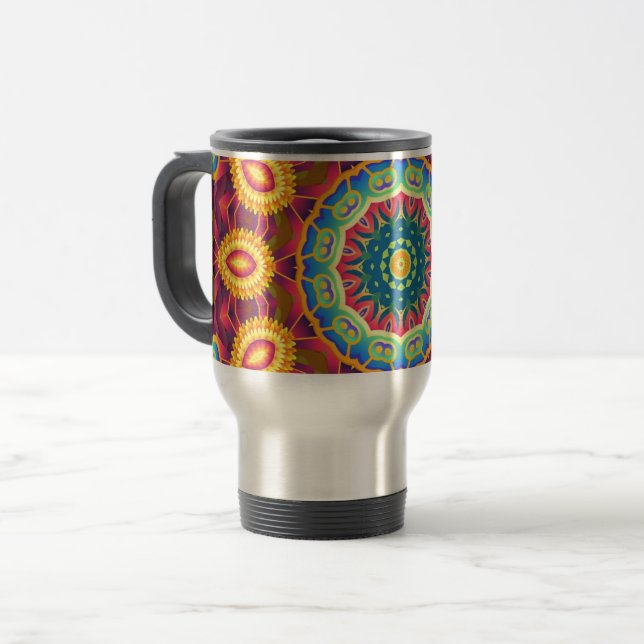 Bright Colorful Abstract Floral Mandala Travel Mug (Front Left)