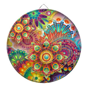 Bright Colorful Abstract Flower Pattern Dartboard With Darts