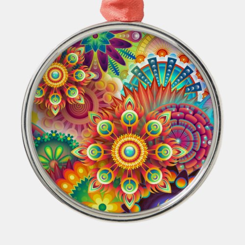 Bright Colorful Abstract Flower Pattern Metal Ornament