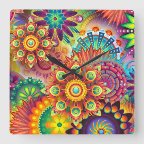 Bright Colorful Abstract Flower Pattern Square Wall Clock
