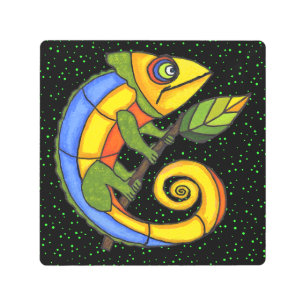 Bright Colorful Abstract Lizard Holding Branch Metal Print