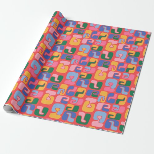 Bright Colorful Abstract Shapes in Yellow Red Blue Wrapping Paper