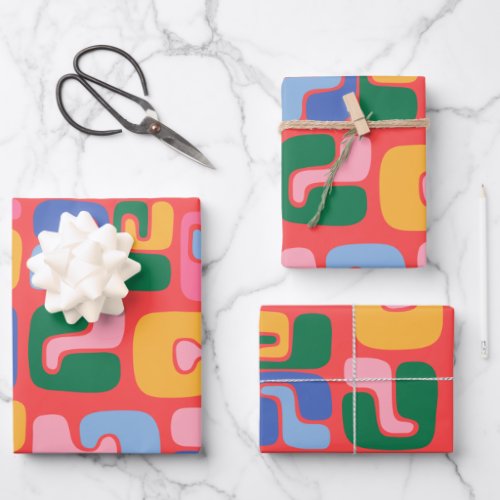 Bright Colorful Abstract Shapes in Yellow Red Blue Wrapping Paper Sheets