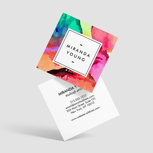 Bright Colorful Abstract Watercolor Art White Square Business Card