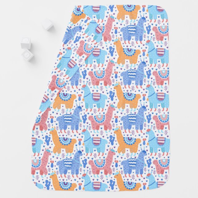 Bright Colorful Alpaca Pattern Baby Blanket (In Situ)