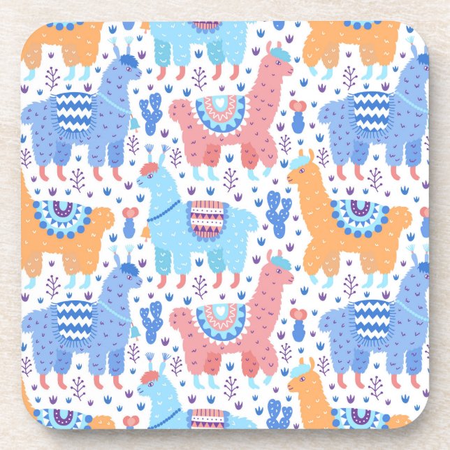 Bright Colorful Alpaca Pattern Beverage Coaster (Front)