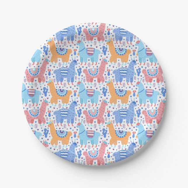 Bright Colorful Alpaca Pattern Paper Plates (Front)