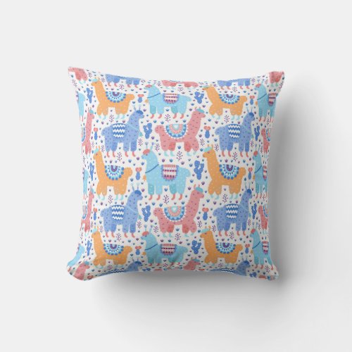 Bright Colorful Alpaca Pattern Throw Pillow