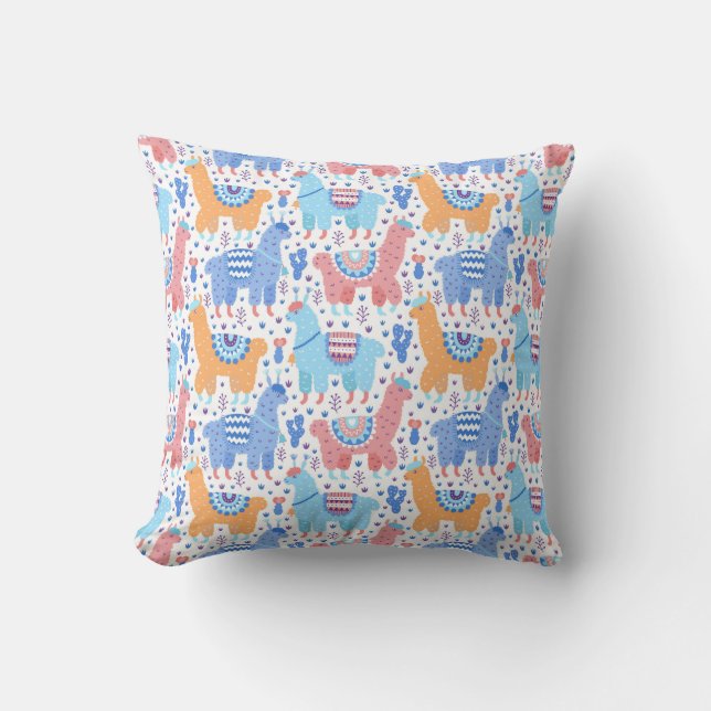 Bright Colorful Alpaca Pattern Throw Pillow (Front)